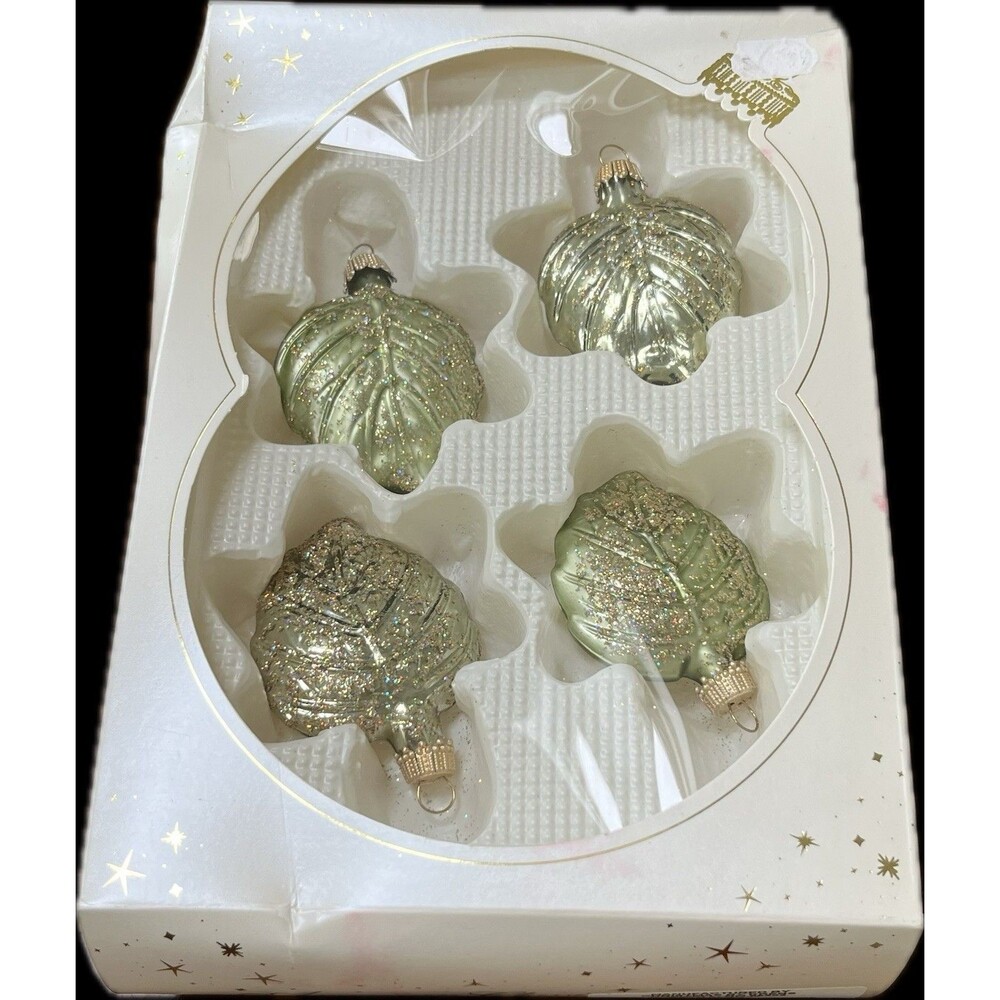 4 Christmas By Krebs Ornaments Clear Glass Gold Glitter Leaves Foliage